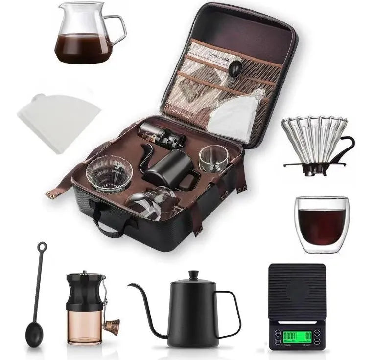 Kit de Café V60 Portátil 9 Piezas – Molino Manual, Báscula con Temporizador, Tetera Cuello de Ganso y Estuche de Viaje