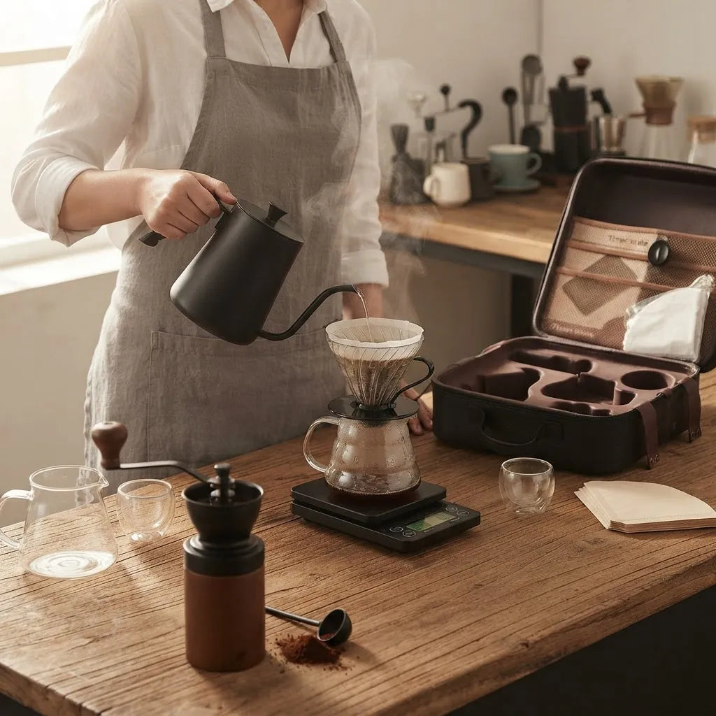 Kit de Café V60 Portátil 9 Piezas – Molino Manual, Báscula con Temporizador, Tetera Cuello de Ganso y Estuche de Viaje
