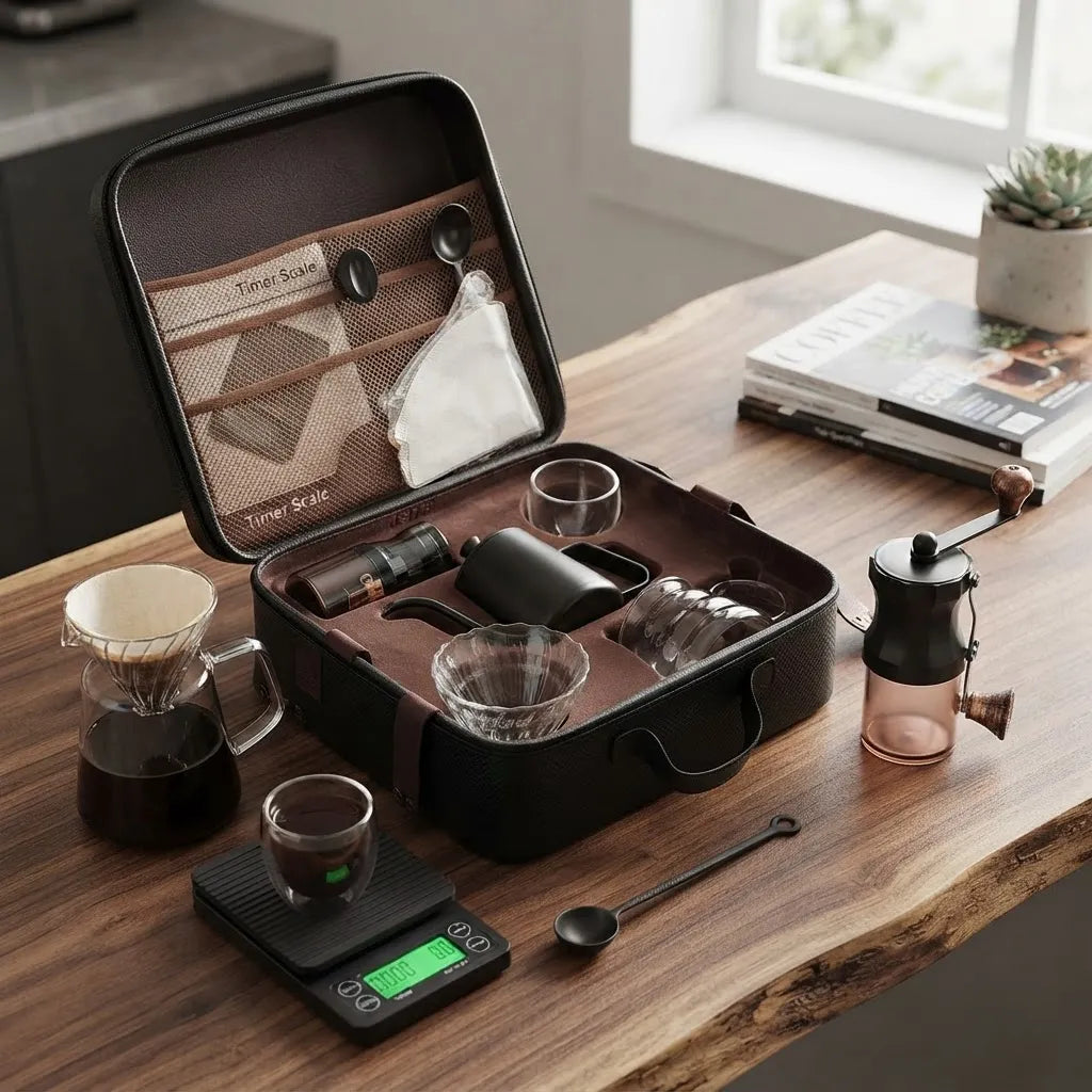 Kit de Café V60 Portátil 9 Piezas – Molino Manual, Báscula con Temporizador, Tetera Cuello de Ganso y Estuche de Viaje