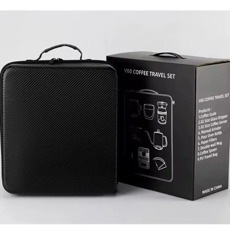 Kit de Café V60 Portátil 9 Piezas – Molino Manual, Báscula con Temporizador, Tetera Cuello de Ganso y Estuche de Viaje