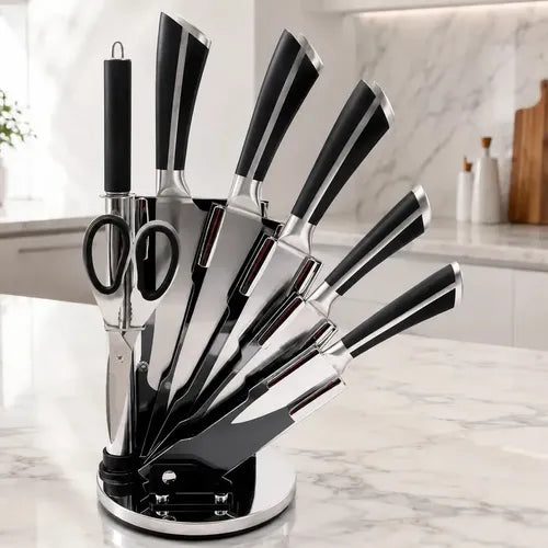 Set de Cuchillos de Cocina Unique 9 Piezas en Acero Inoxidable con Base Organizadora, Tijera, Pelador y Chaira