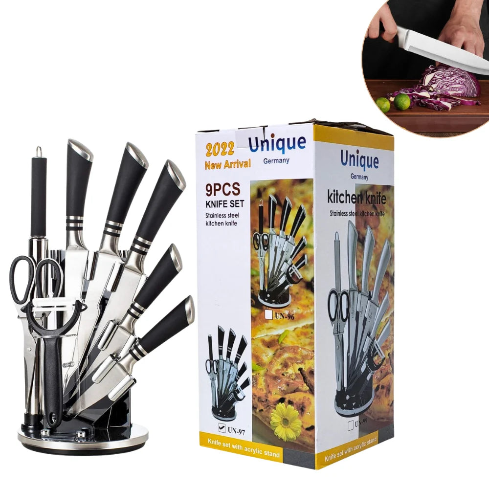 Set de Cuchillos de Cocina Unique 9 Piezas en Acero Inoxidable con Base Organizadora, Tijera, Pelador y Chaira