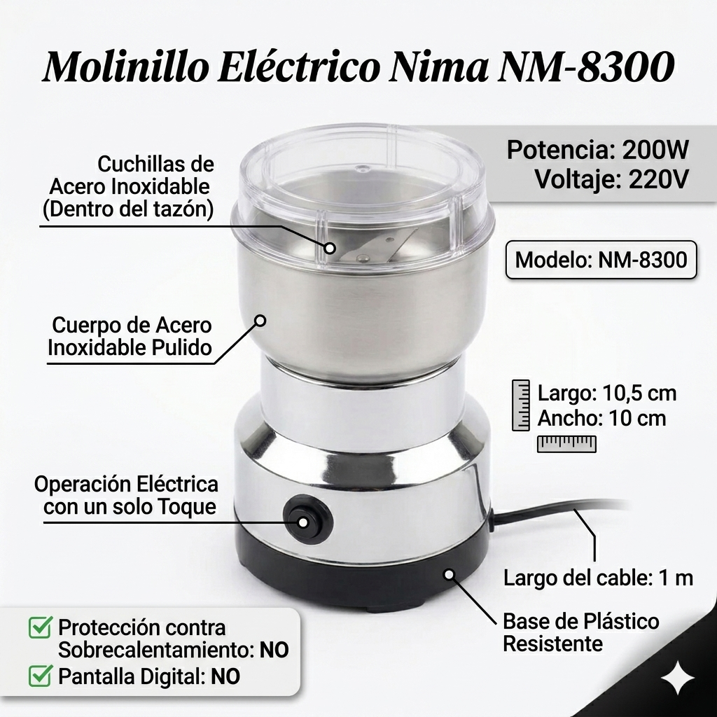 Molino Eléctrico Nima 200W para Café y Especias – Cuchilla de Metal y Vaso de Acero Inoxidable 50g (Ref. 8300)